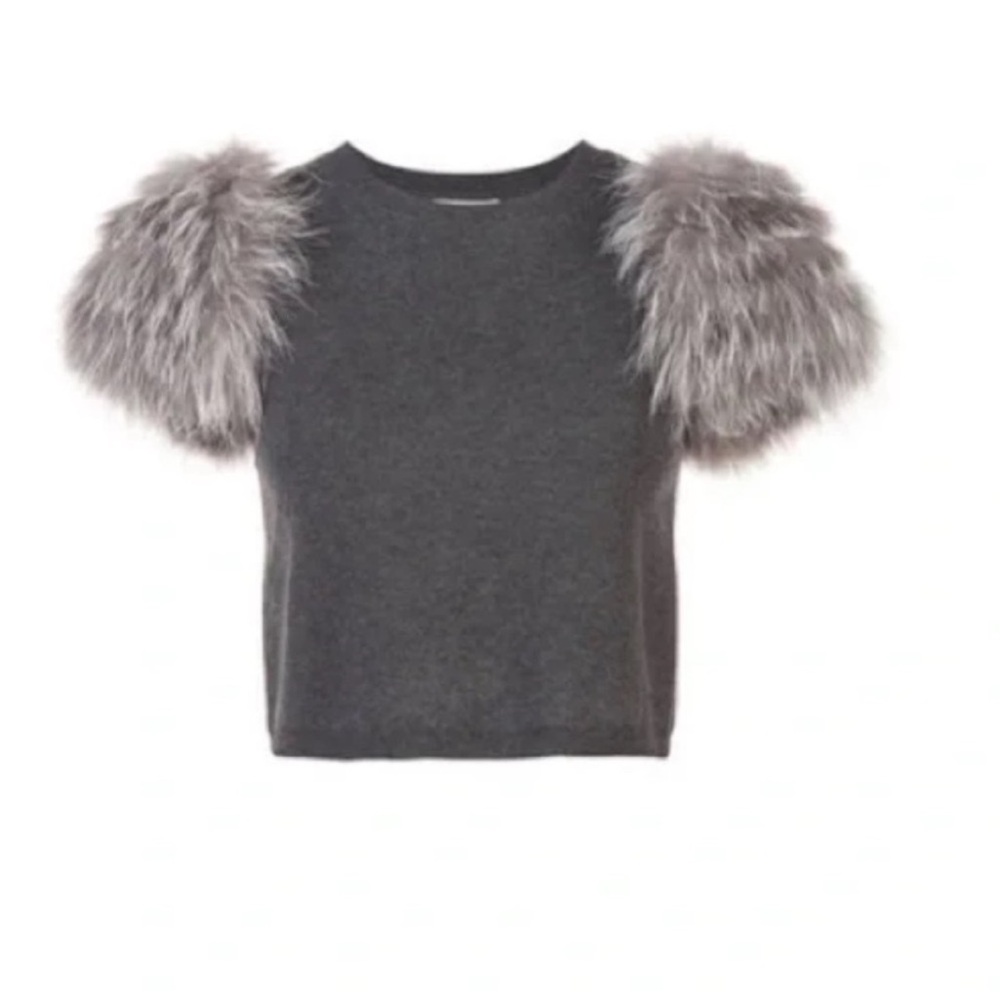 Alice + Olivia Charcoal Tee with fox Fur Sleeves
